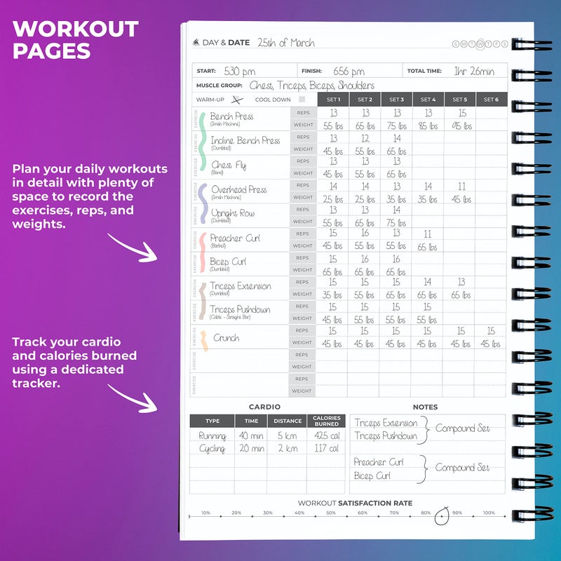 Clever Fox Fitness Journal Workout Log Book - Daily Fitness Planner Workout Journal for Women and Men. Spiral-Bound, Laminated Cover, Thick Pages, A5 (Pink & Dark Purple) - Image 4